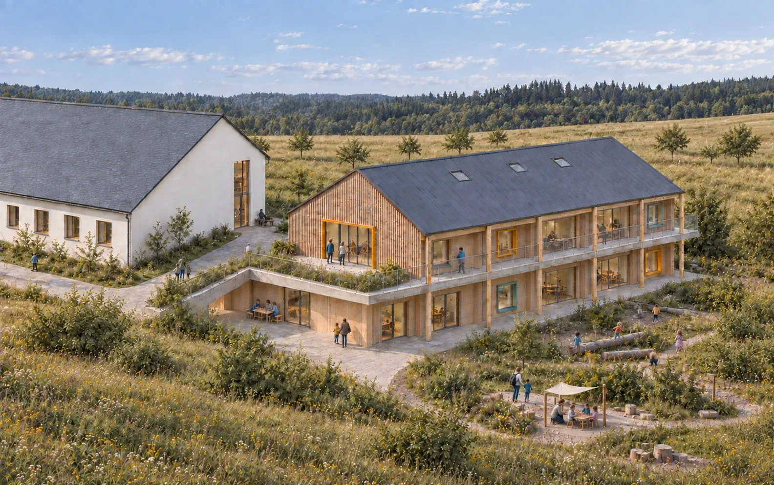 Visualisierung des zweigeschossigen Kindergartens aus Holz neben dem bestehenden Gemeindehaus und dem naturnahen Garten