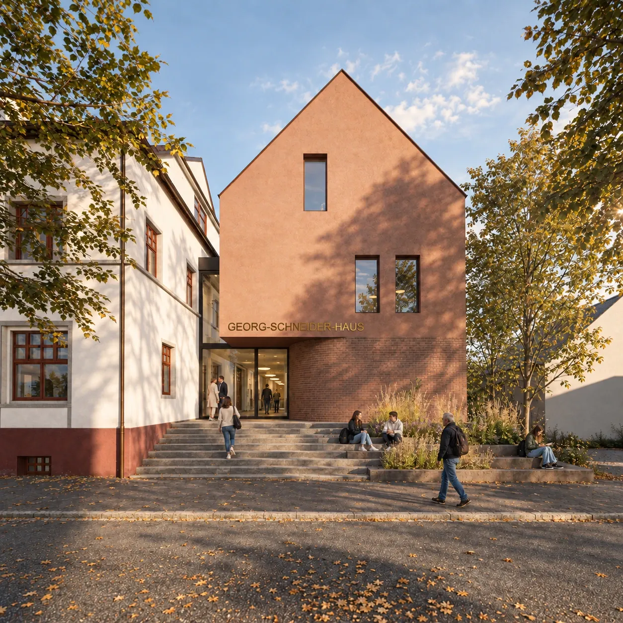 Visualisierung des neuen Eingangs zum Georg-Schneider-Haus mit Stufen, Begrünung und rötlicher Giebelfassade