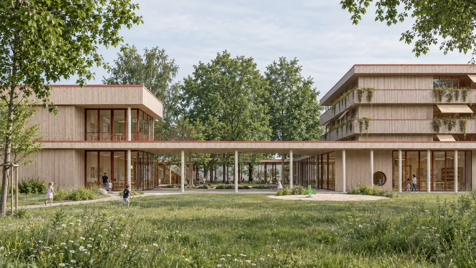 Visualisierung von Schule und Kinderhort mit Holzfassaden, verbindendem Dach und grüner Spielfläche