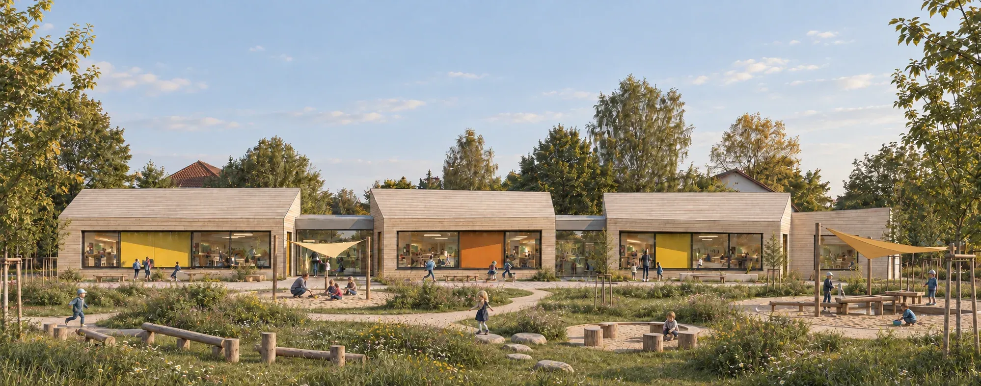 Visualisierung der drei holzverkleideten Häuser des Kinderhauses mit Kindern im naturnahen Garten