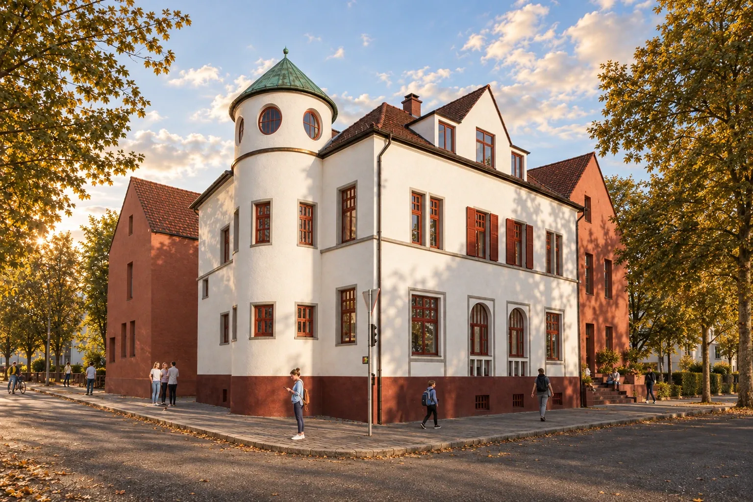 Visualisierung des bestehenden Georg-Schneider-Hauses mit Turm und zwei ergänzenden Baukörpern an der Straßenecke