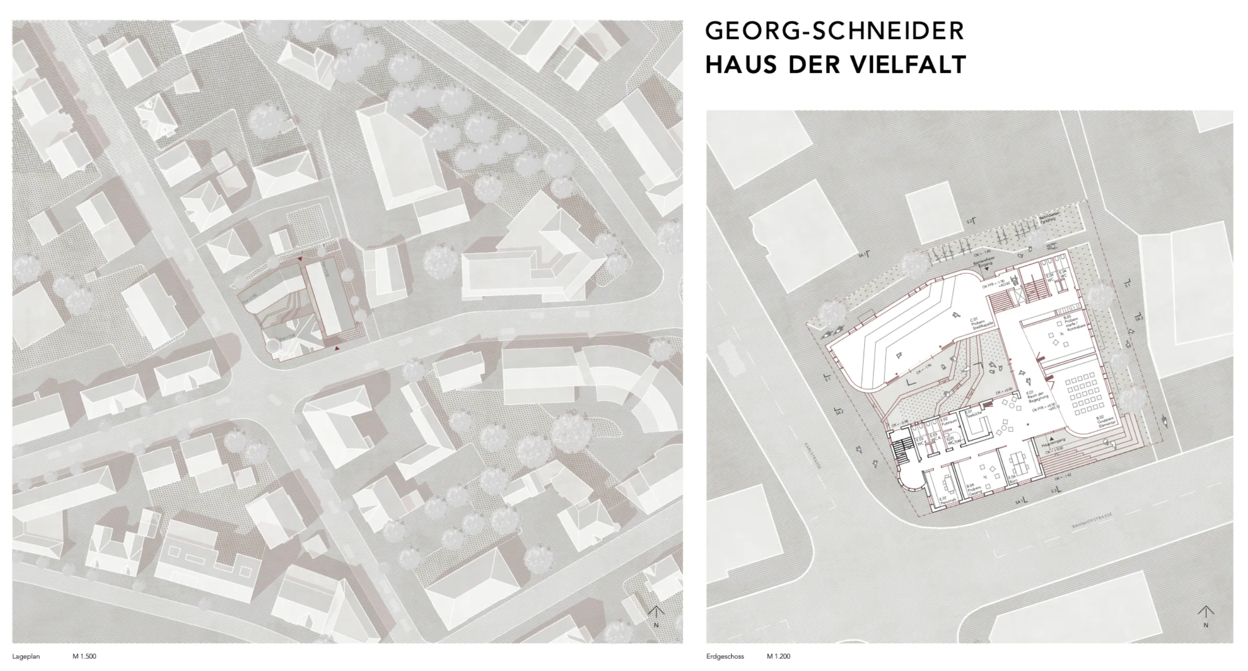 Wettbewerbsplan mit Lageplan des Ensembles und Grundriss des Erdgeschosses