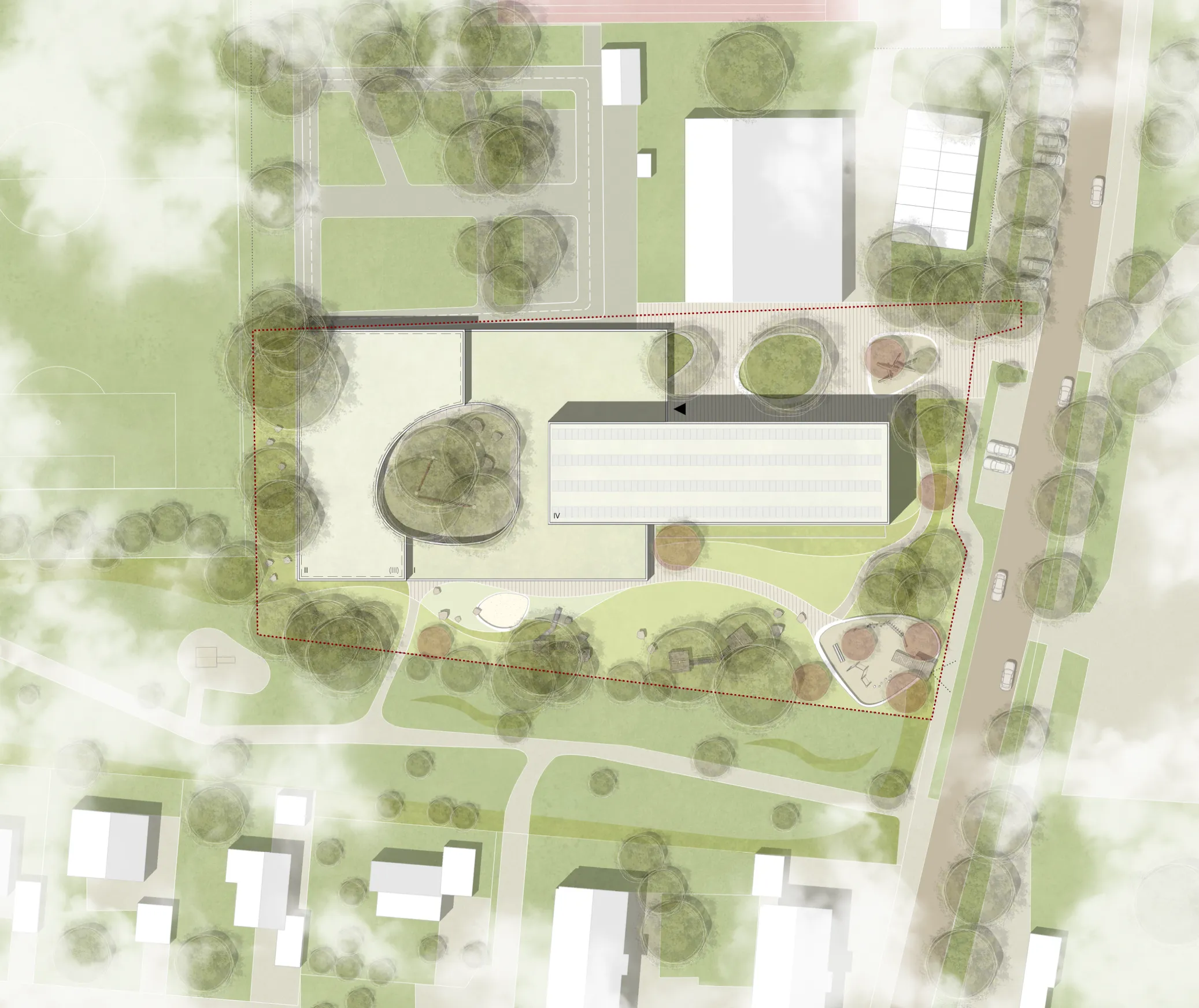 Lageplan der Schule und des Kinderhorts mit Schulhof, Wegen und Baumbestand