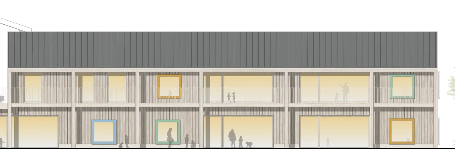 Längsansicht des Kindergartens mit zwei Geschossen, Holzfassade und Verbindung zum Bestand