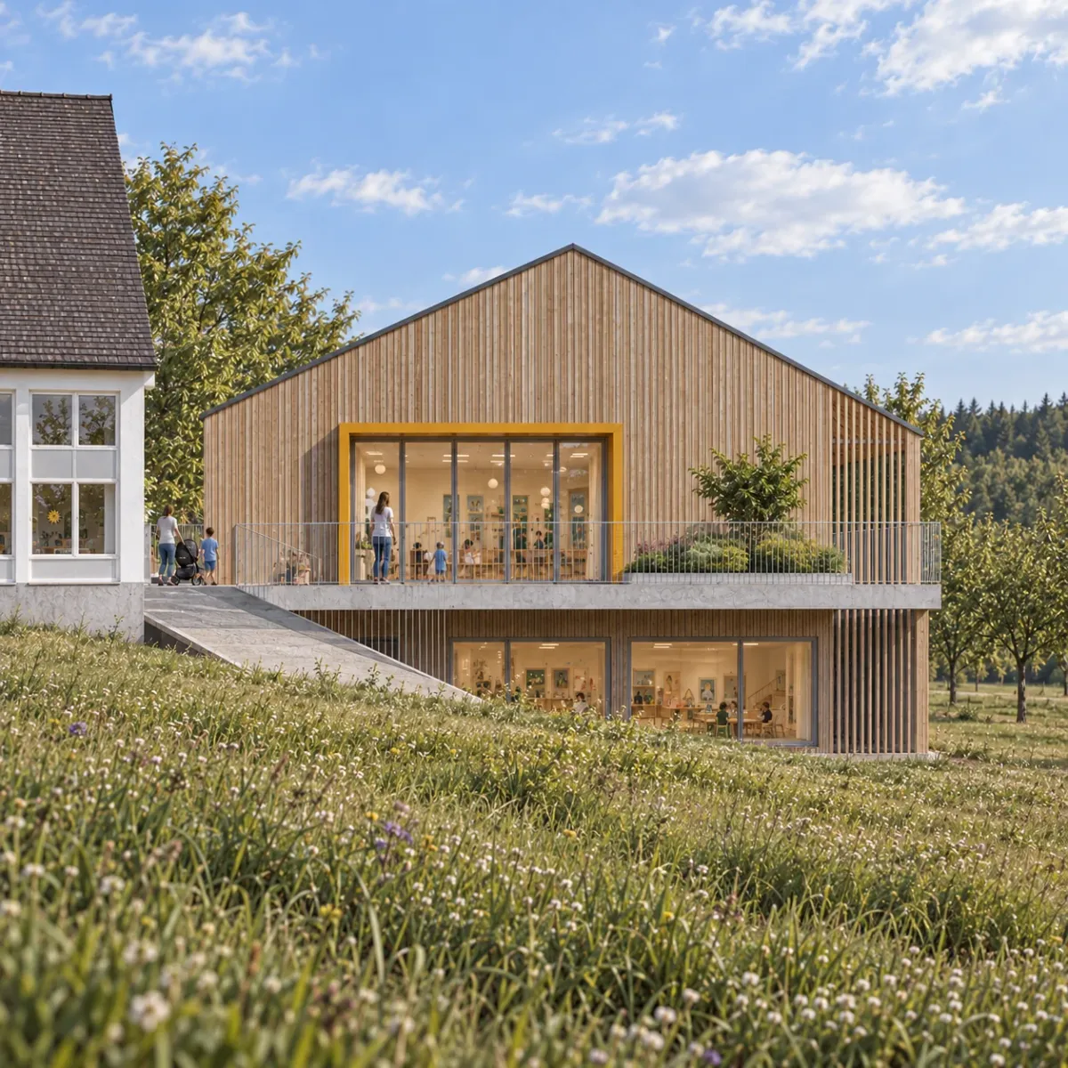 Visualisierung des Kindergartens aus Holz neben dem bestehenden Gemeindehaus