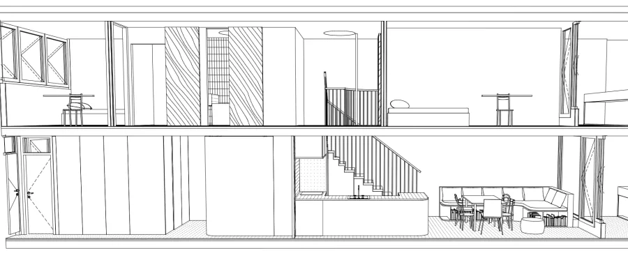 Schnittzeichnung für den geplanten Umbau mit Treppe und Wohnbereich